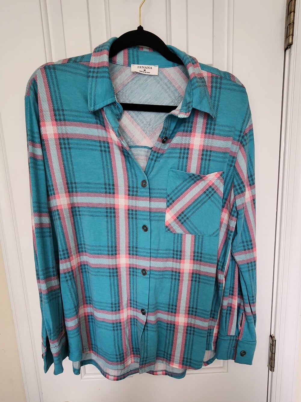 Zenana Outfitters Teal & Pink Plaid Shirt Medium